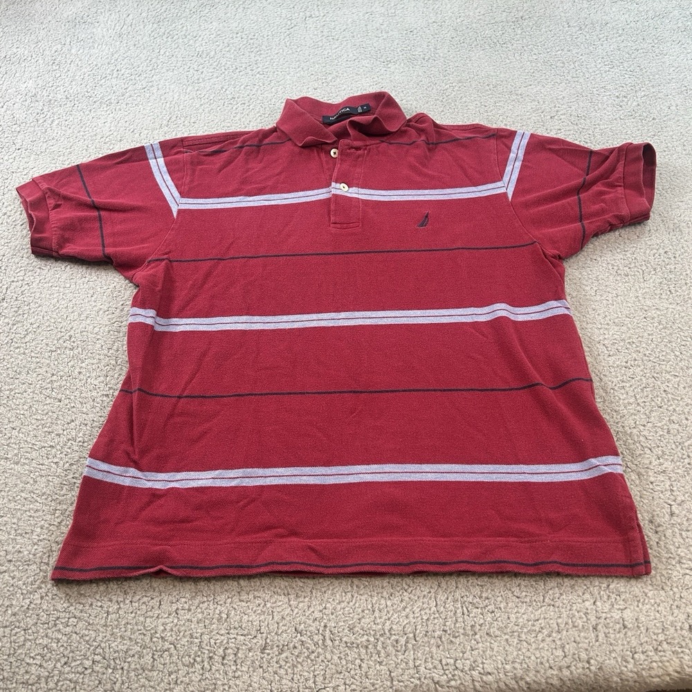 Nautica Polo Shirt Men's Medium 40x25 Burgundy Striped Adult Golf Hip Hop